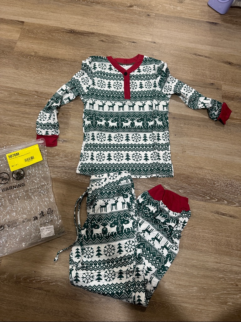 Kids Green And White Reindeer Holiday Pajama Set With Red Trim